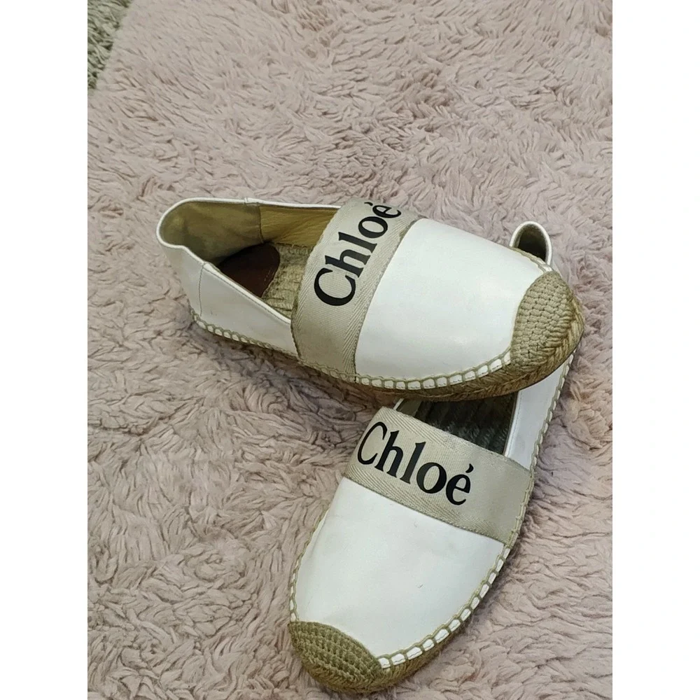 Chloe Woody Espadrille White Leather Logo Strap Slip On Flats Shoes‎